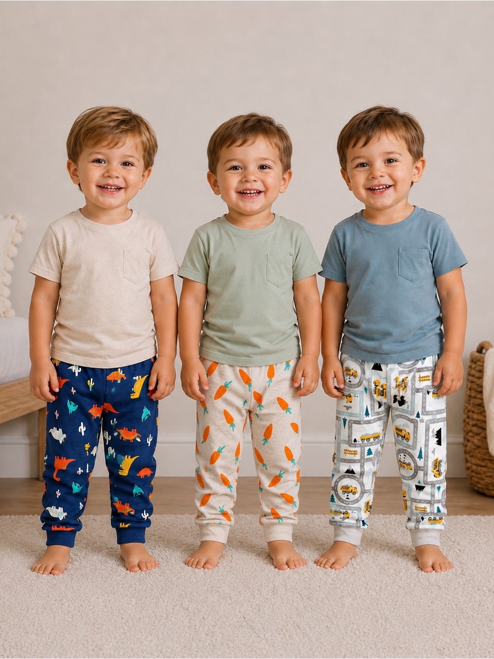 Old Navy 100% Cotton PJ Pants 3-PACK Navy Dino, Carrot & Roads